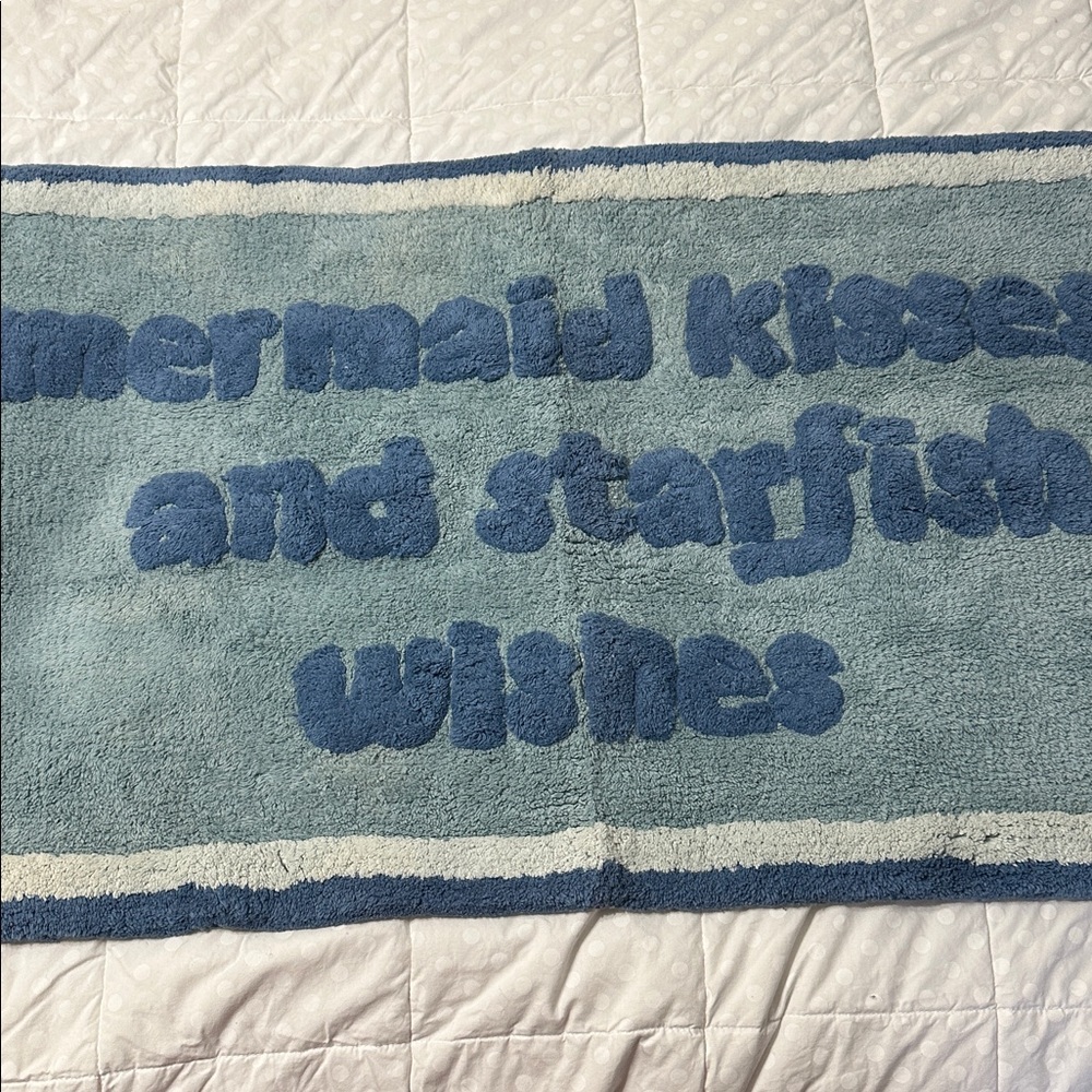 Blue and White Rug mermaid kisses and starfish wishes, coastal decor NWOT